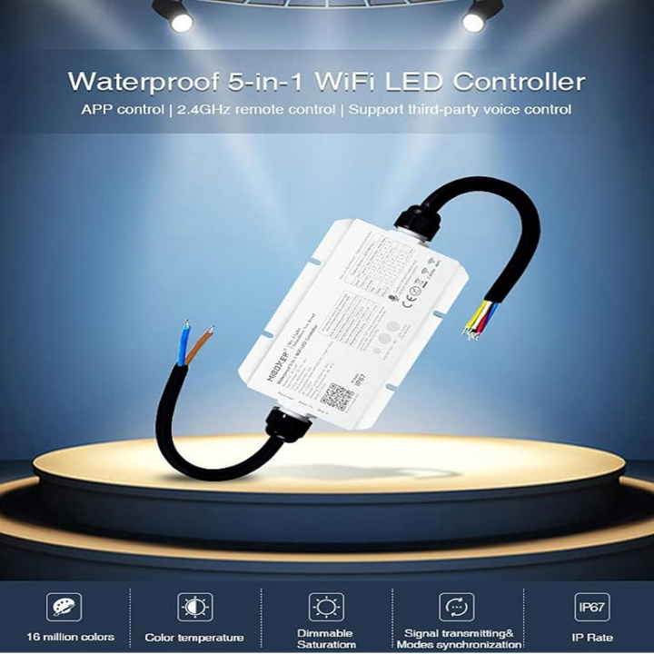 Miboxer WL5-WP LED Strip Light 5 in 1 Controller for 5050 3528 2835, IP67 Waterproof with Smartphone APP Control