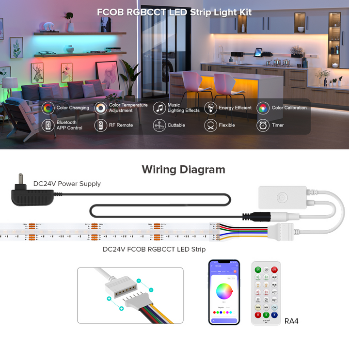 SLD19 Dotless Linear LED RGB+CCT 3000K-6000K COB 3.35W/ft Strip Lights IP30/IP66 Low Voltage 12mm DC12V/DC24V Tape Light with Power Adapter Kit Available