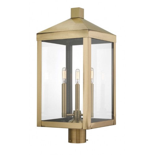 Nyack Outdoor Classics 1 E12 Candelabra Base Light Bulb Socket Outdoor Post Top Lantern 24"x10.5"x10.5" Solid Brass Lantern and Clear Glass with Antique Finish 120V for Garden, Exterior Post - 20586-01