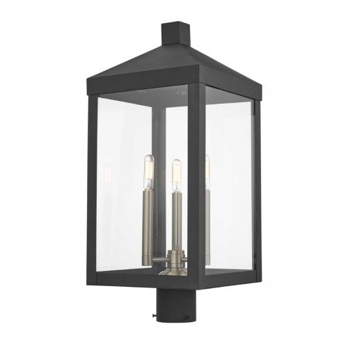 Nyack Outdoor Classics 1 E12 Candelabra Base Light Bulb Socket Large Outdoor Post Top Lantern 24"x10.5"x10.5" Solid Brass Lantern and Clear Glass with Black Finish 120V for Garden, Exterior Post - 20586-04