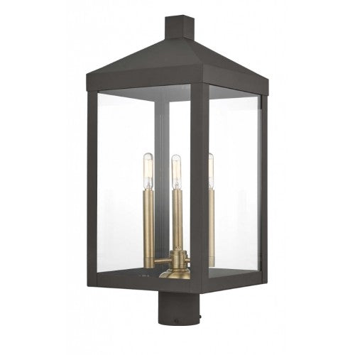 Nyack Outdoor Classics 1 E12 Candelabra Base Light Bulb Socket Large Outdoor Post Top Lantern 24"x10.5"x10.5" Solid Brass Lantern and Clear Glass with Bronze Finish 120V for Garden, Exterior Post - 20586-07