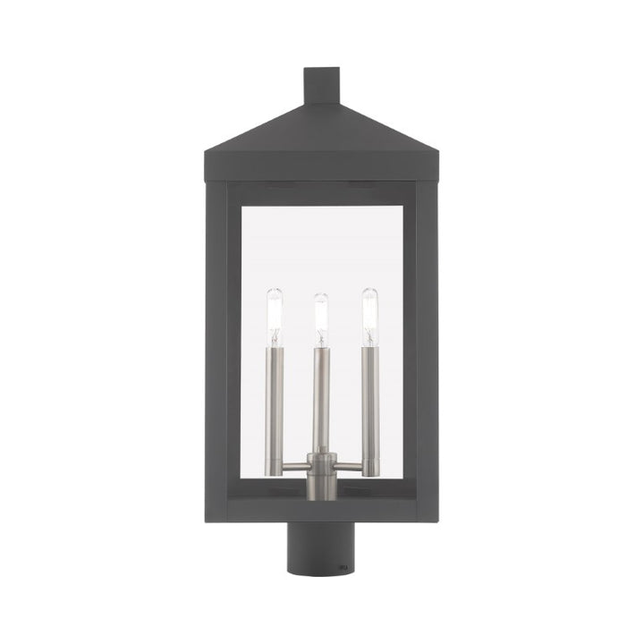 Nyack Outdoor Classics 1 E12 Candelabra Base Light Bulb Socket Large Outdoor Post Top Lantern 24"x10.5"x10.5" Solid Brass Lantern and Clear Glass with Bronze Finish 120V for Garden, Exterior Post - 20586-76