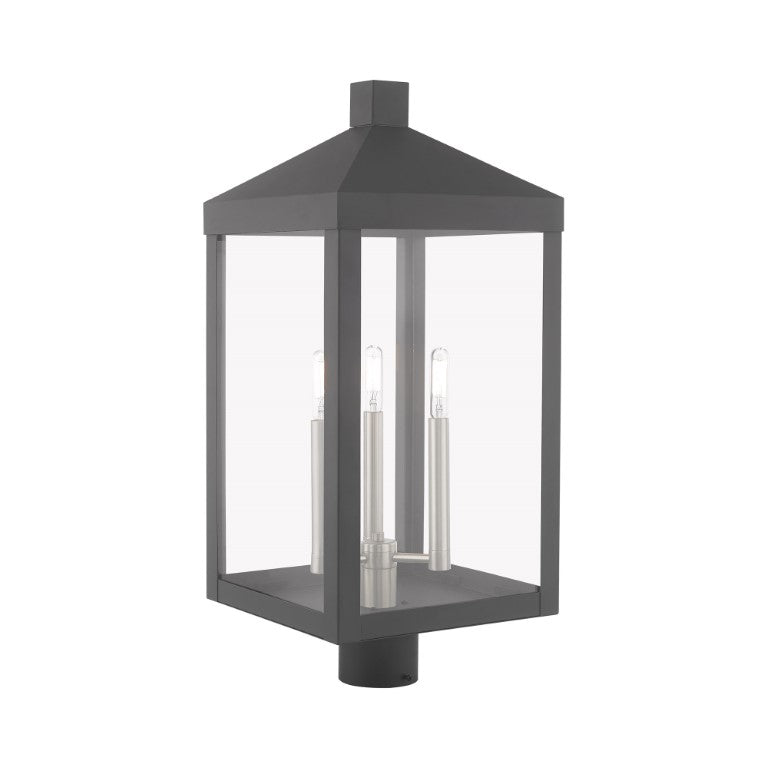 Nyack Outdoor Classics 1 E12 Candelabra Base Light Bulb Socket Large Outdoor Post Top Lantern 24"x10.5"x10.5" Solid Brass Lantern and Clear Glass with Bronze Finish 120V for Garden, Exterior Post - 20586-76