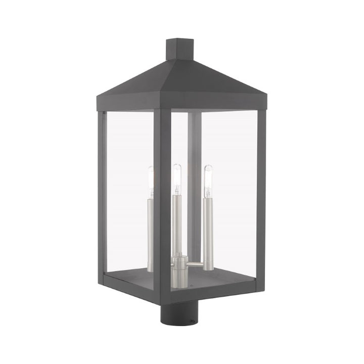 Nyack Outdoor Classics 1 E12 Candelabra Base Light Bulb Socket Large Outdoor Post Top Lantern 24"x10.5"x10.5" Solid Brass Lantern and Clear Glass with Bronze Finish 120V for Garden, Exterior Post - 20586-76