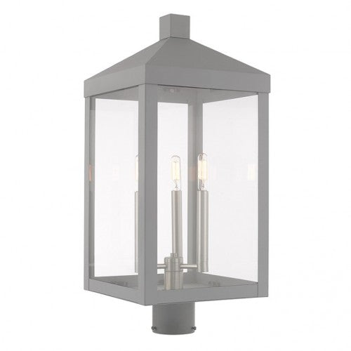 Nyack Outdoor Classics 1 E12 Candelabra Base Light Bulb Socket Large Outdoor Post Top Lantern 24"x10.5"x10.5" Solid Brass Lantern and Clear Glass with Nordic Gray Finish 120V for Garden, Exterior Post - 20586-80