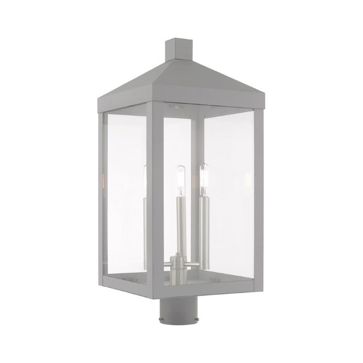 Nyack Outdoor Classics 1 E12 Candelabra Base Light Bulb Socket Large Outdoor Post Top Lantern 24"x10.5"x10.5" Solid Brass Lantern and Clear Glass with Nordic Gray Finish 120V for Garden, Exterior Post - 20586-80