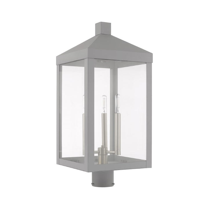 Nyack Outdoor Classics 1 E12 Candelabra Base Light Bulb Socket Large Outdoor Post Top Lantern 24"x10.5"x10.5" Solid Brass Lantern and Clear Glass with Nordic Gray Finish 120V for Garden, Exterior Post - 20586-80