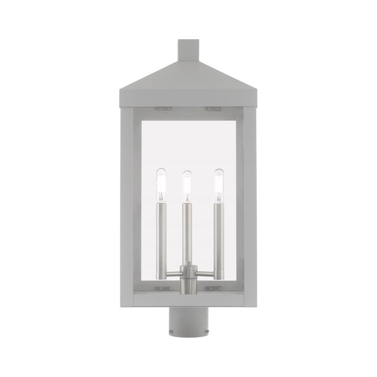 Nyack Outdoor Classics 1 E12 Candelabra Base Light Bulb Socket Large Outdoor Post Top Lantern 24"x10.5"x10.5" Solid Brass Lantern and Clear Glass with Nordic Gray Finish 120V for Garden, Exterior Post - 20586-80