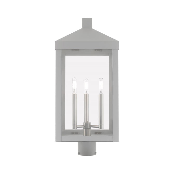 Nyack Outdoor Classics 1 E12 Candelabra Base Light Bulb Socket Large Outdoor Post Top Lantern 24"x10.5"x10.5" Solid Brass Lantern and Clear Glass with Nordic Gray Finish 120V for Garden, Exterior Post - 20586-80