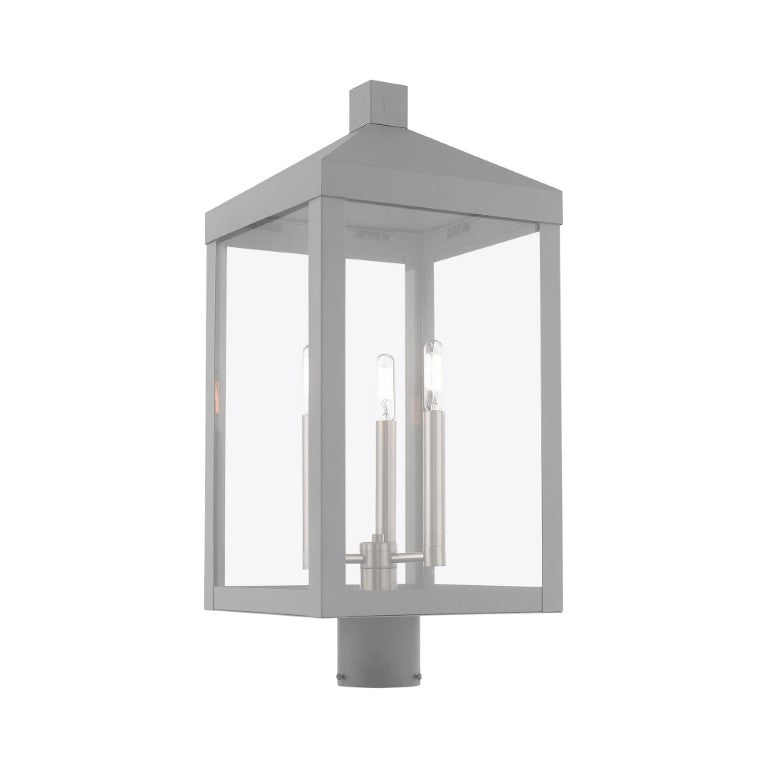 Nyack Outdoor Classics 1 E12 Candelabra Base Light Bulb Socket Large Outdoor Post Top Lantern 24"x10.5"x10.5" Solid Brass Lantern and Clear Glass with Nordic Gray Finish 120V for Garden, Exterior Post - 20586-80