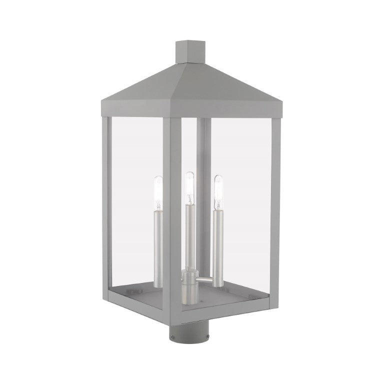 Nyack Outdoor Classics 1 E12 Candelabra Base Light Bulb Socket Large Outdoor Post Top Lantern 24"x10.5"x10.5" Solid Brass Lantern and Clear Glass with Nordic Gray Finish 120V for Garden, Exterior Post - 20586-80