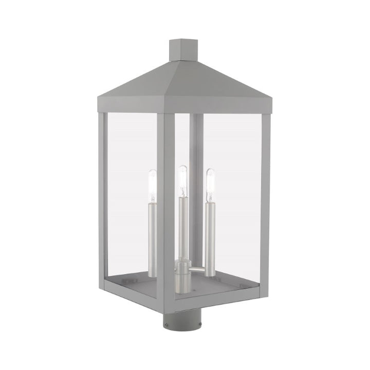 Nyack Outdoor Classics 1 E12 Candelabra Base Light Bulb Socket Large Outdoor Post Top Lantern 24"x10.5"x10.5" Solid Brass Lantern and Clear Glass with Nordic Gray Finish 120V for Garden, Exterior Post - 20586-80