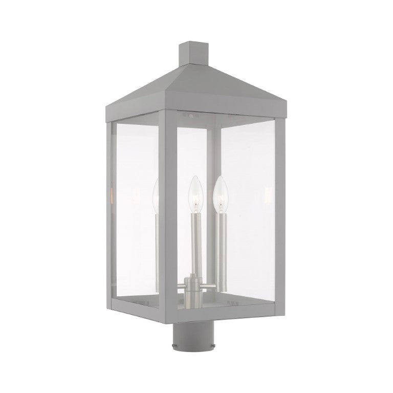 Nyack Outdoor Classics 1 E12 Candelabra Base Light Bulb Socket Large Outdoor Post Top Lantern 24"x10.5"x10.5" Solid Brass Lantern and Clear Glass with Nordic Gray Finish 120V for Garden, Exterior Post - 20586-80