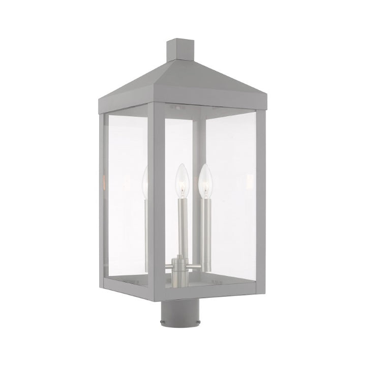 Nyack Outdoor Classics 1 E12 Candelabra Base Light Bulb Socket Large Outdoor Post Top Lantern 24"x10.5"x10.5" Solid Brass Lantern and Clear Glass with Nordic Gray Finish 120V for Garden, Exterior Post - 20586-80