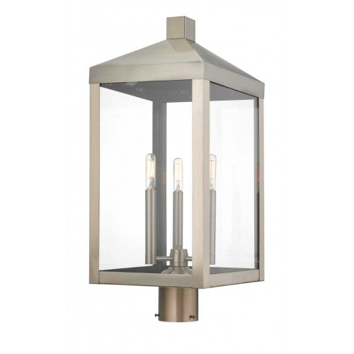 Nyack Outdoor Classics 1 E12 Candelabra Base Light Bulb Socket Large Outdoor Post Top Lantern 24"x10.5"x10.5" Solid Brass Lantern and Clear Glass with Brushed Nickel Finish 120V for Garden, Exterior Post - 20586-91