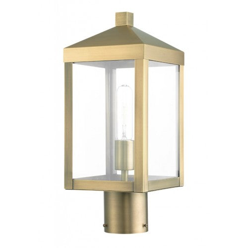 Nyack Outdoor Classics 1 E12 Medium Base Light Bulb Socket Small Outdoor Post Top Lantern 6.25sq. x 15.25 Stainless Steel and Clear Glass with Antique Brass Finish 120V for Garden, Exterior Post - 20590-01