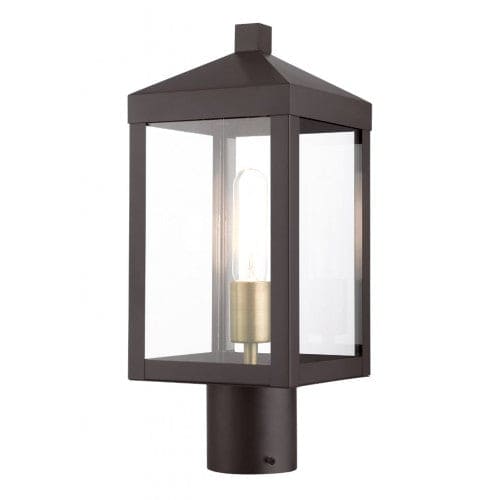 Nyack Outdoor Classics 1 E12 Medium Base Light Bulb Socket Small Outdoor Post Top Lantern 6.25sq. x 15.25 Stainless Steel and Clear Glass with Bronze with Antique Brass Cluster Finish 120V for Garden, Exterior Post - 20590-07