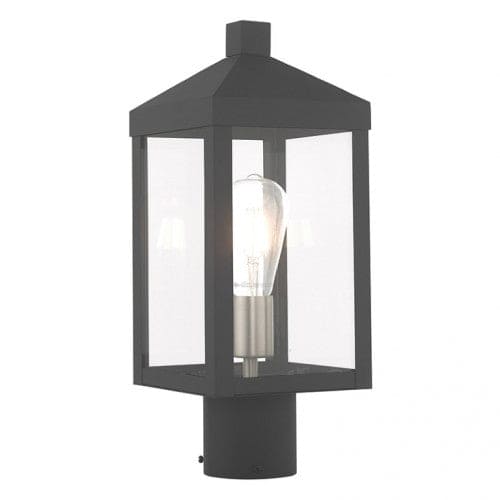 Nyack Outdoor Classics 1 E12 Medium Base Light Bulb Socket Small Outdoor Post Top Lantern 6.25 x 6.25 x 15.25 Solid Brass and Clear Glass with Scandinavian Gray with Brushed Nickel Finish Candles 120V for Garden, Exterior Post - 20590-76
