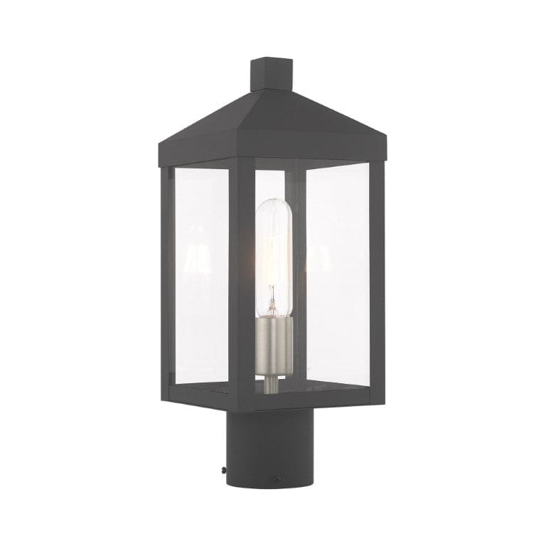 Nyack Outdoor Classics 1 E12 Medium Base Light Bulb Socket Small Outdoor Post Top Lantern 6.25 x 6.25 x 15.25 Solid Brass and Clear Glass with Scandinavian Gray with Brushed Nickel Finish Candles 120V for Garden, Exterior Post - 20590-76