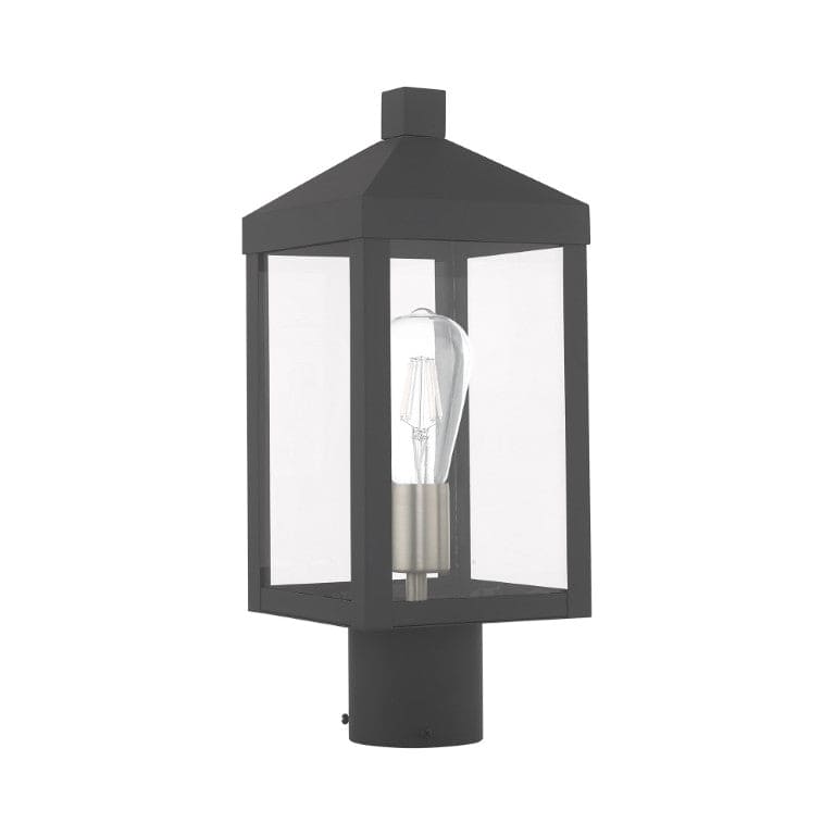 Nyack Outdoor Classics 1 E12 Medium Base Light Bulb Socket Small Outdoor Post Top Lantern 6.25 x 6.25 x 15.25 Solid Brass and Clear Glass with Scandinavian Gray with Brushed Nickel Finish Candles 120V for Garden, Exterior Post - 20590-76