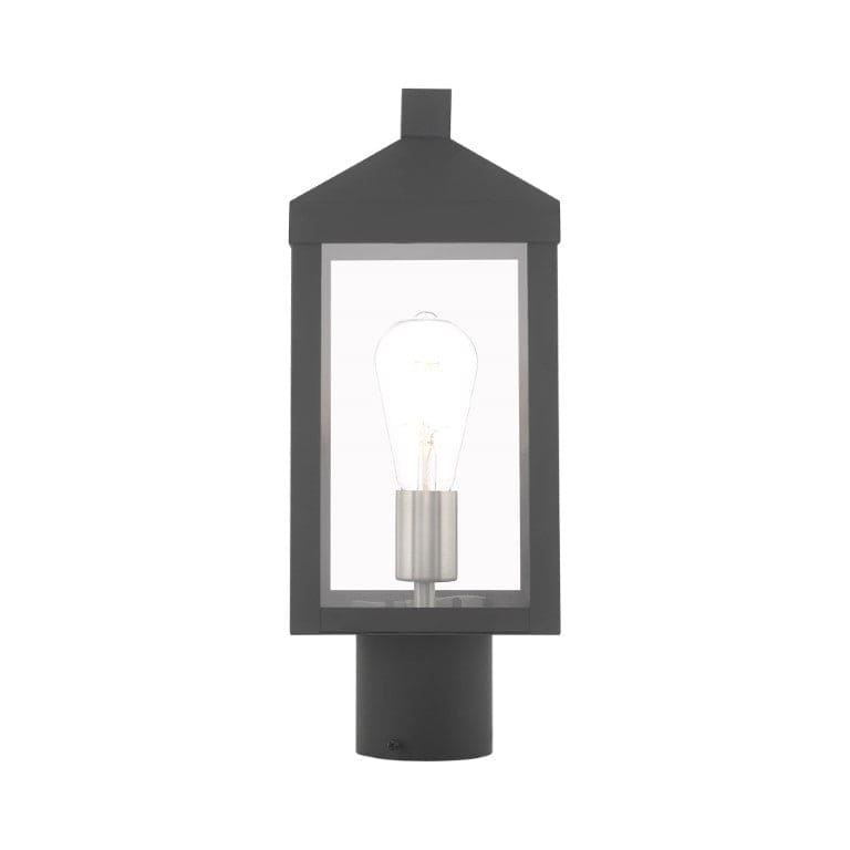 Nyack Outdoor Classics 1 E12 Medium Base Light Bulb Socket Small Outdoor Post Top Lantern 6.25 x 6.25 x 15.25 Solid Brass and Clear Glass with Scandinavian Gray with Brushed Nickel Finish Candles 120V for Garden, Exterior Post - 20590-76