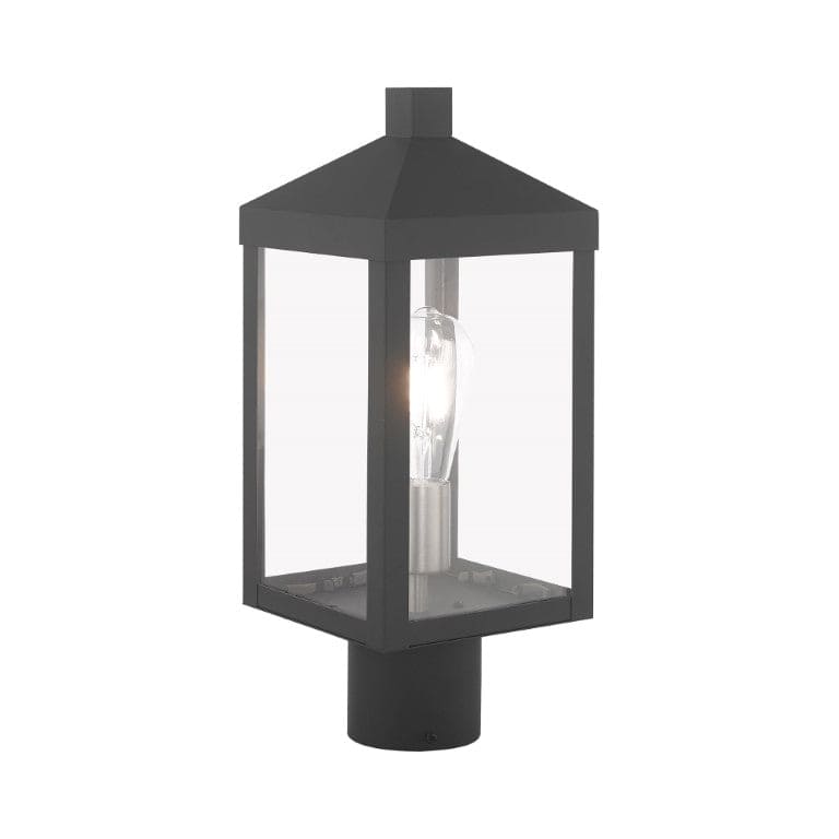Nyack Outdoor Classics 1 E12 Medium Base Light Bulb Socket Small Outdoor Post Top Lantern 6.25 x 6.25 x 15.25 Solid Brass and Clear Glass with Scandinavian Gray with Brushed Nickel Finish Candles 120V for Garden, Exterior Post - 20590-76