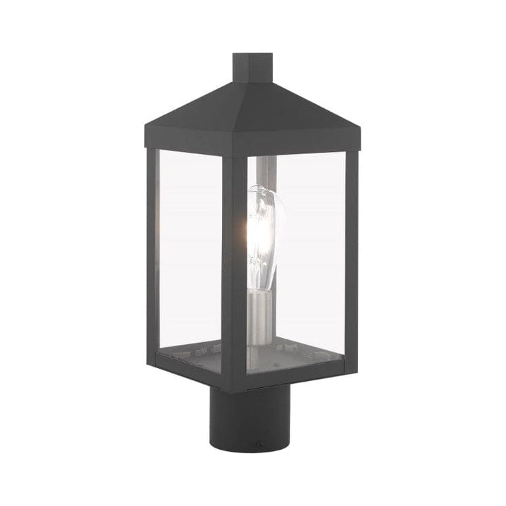 Nyack Outdoor Classics 1 E12 Medium Base Light Bulb Socket Small Outdoor Post Top Lantern 6.25 x 6.25 x 15.25 Solid Brass and Clear Glass with Scandinavian Gray with Brushed Nickel Finish Candles 120V for Garden, Exterior Post - 20590-76