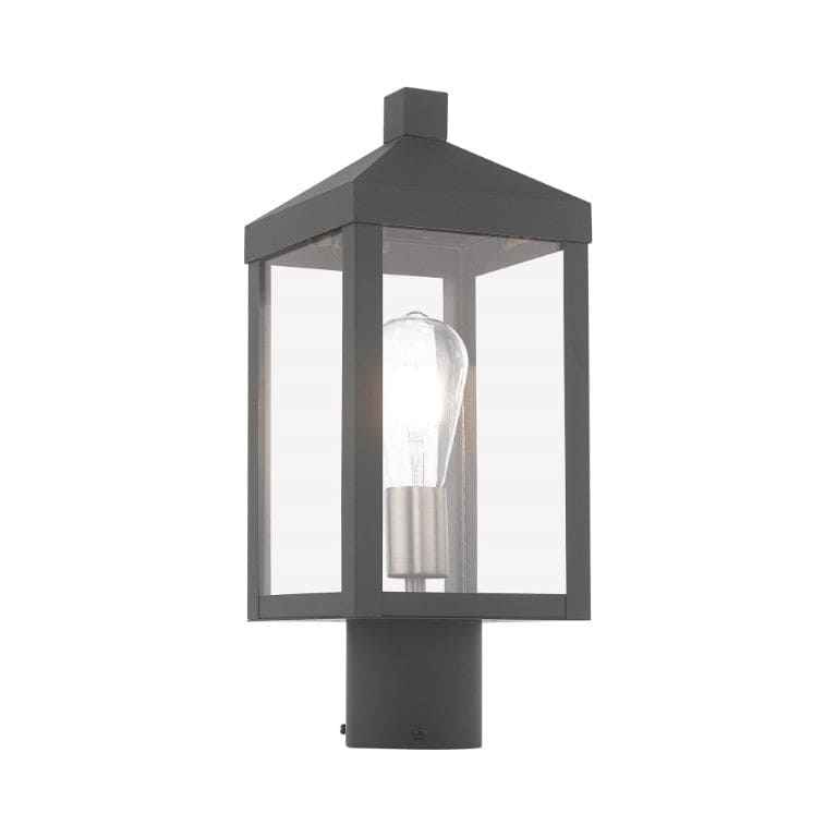 Nyack Outdoor Classics 1 E12 Medium Base Light Bulb Socket Small Outdoor Post Top Lantern 6.25 x 6.25 x 15.25 Solid Brass and Clear Glass with Scandinavian Gray with Brushed Nickel Finish Candles 120V for Garden, Exterior Post - 20590-76