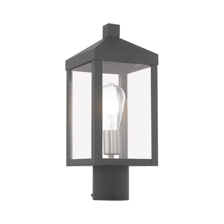 Nyack Outdoor Classics 1 E12 Medium Base Light Bulb Socket Small Outdoor Post Top Lantern 6.25 x 6.25 x 15.25 Solid Brass and Clear Glass with Scandinavian Gray with Brushed Nickel Finish Candles 120V for Garden, Exterior Post - 20590-76