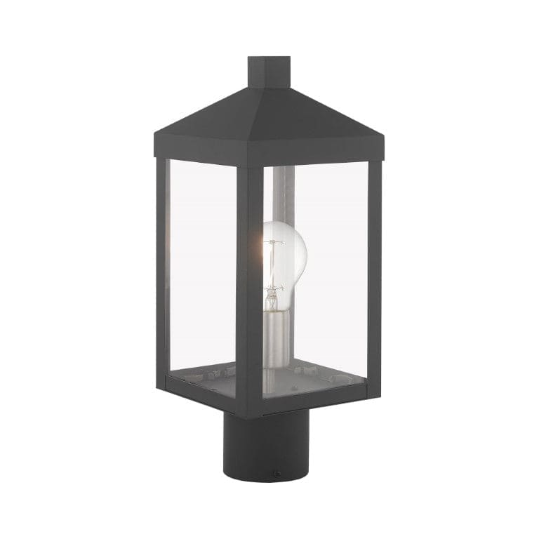 Nyack Outdoor Classics 1 E12 Medium Base Light Bulb Socket Small Outdoor Post Top Lantern 6.25 x 6.25 x 15.25 Solid Brass and Clear Glass with Scandinavian Gray with Brushed Nickel Finish Candles 120V for Garden, Exterior Post - 20590-76