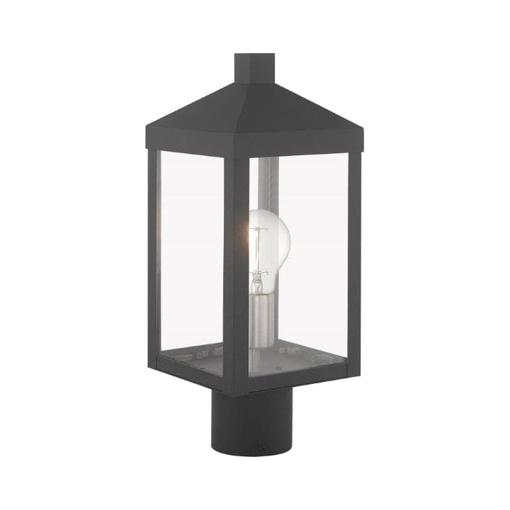 Nyack Outdoor Classics 1 E12 Medium Base Light Bulb Socket Small Outdoor Post Top Lantern 6.25 x 6.25 x 15.25 Solid Brass and Clear Glass with Scandinavian Gray with Brushed Nickel Finish Candles 120V for Garden, Exterior Post - 20590-76