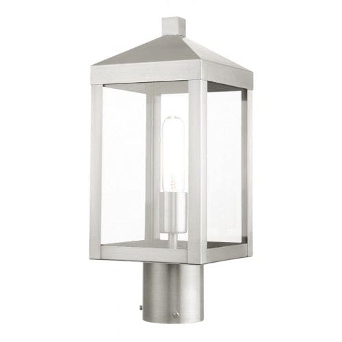 Nyack Outdoor Classics 1 E12 Medium Base Light Bulb Socket Small Outdoor Post Top Lantern 6.25 Sq x 15.25 Stainless Steel and Clear Glass with Brushed Nickel Finish120V for Garden, Exterior Post - 20590-91