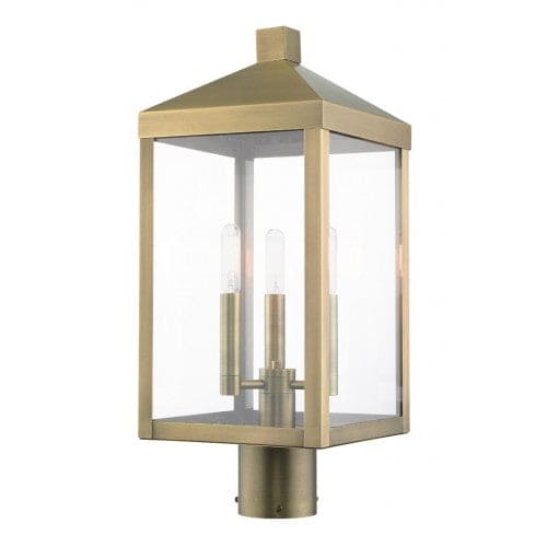 Nyack Outdoor Classics 1 E12 Candelabra Base Light Bulb Socket Medium Outdoor Post Top Lantern 8.25 Sq x 19.5 Stainless Steel and Clear Glass with Antique Brass Finish 120V for Garden, Exterior Post - 20592-01