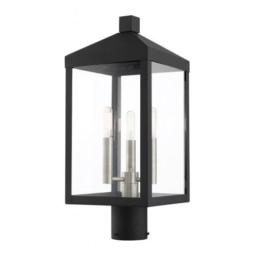 Nyack Outdoor Classics 1 E12 Candelabra Base Light Bulb Socket Medium Outdoor Post Top Lantern 8.25 Sq x 19.5 Stainless Steel and Clear Glass with Black with Brushed Nickel Cluster Finish 120V for Garden, Exterior Post - 20592-04