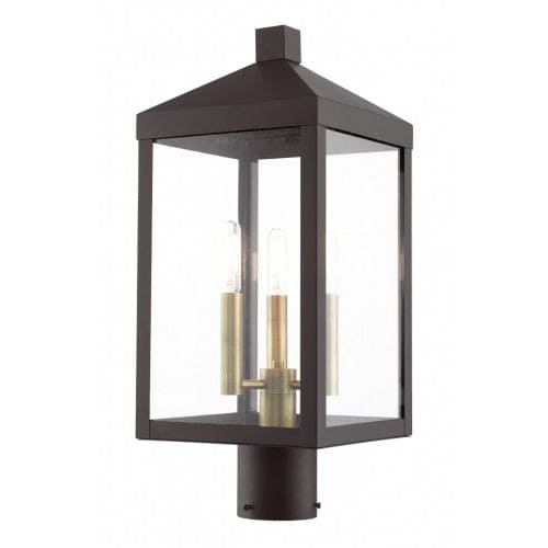 Nyack Outdoor Classics 1 E12 Candelabra Base Light Bulb Socket Medium Outdoor Post Top Lantern 8.25 Sq x 19.5 Stainless Steel and Clear Glass with Bronze with Antique Brass Cluster Finish 120V for Garden, Exterior Post - 20592-07