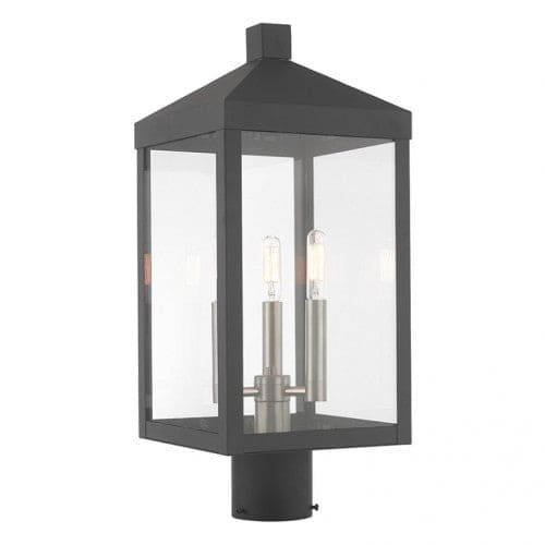 Nyack Outdoor Classics 1 E12 Candelabra Base Light Bulb Socket Medium Outdoor Post Top Lantern 8.25" x 8.25" x 19.5" Solid Brass and Clear Glass with Scandinavian Gray with Brushed Nickel Finish 120V for Garden, Exterior Post - 20592-76