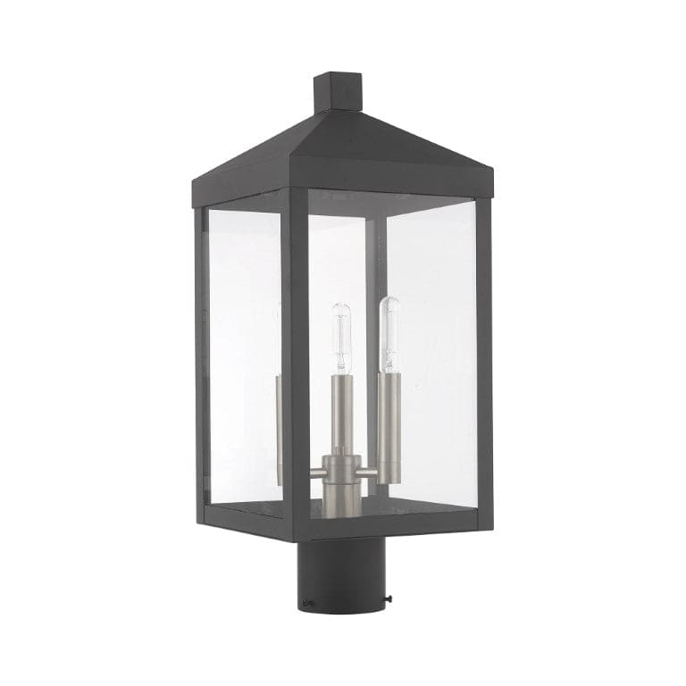 Nyack Outdoor Classics 1 E12 Candelabra Base Light Bulb Socket Medium Outdoor Post Top Lantern 8.25" x 8.25" x 19.5" Solid Brass and Clear Glass with Scandinavian Gray with Brushed Nickel Finish 120V for Garden, Exterior Post - 20592-76
