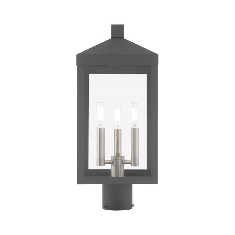 Nyack Outdoor Classics 1 E12 Candelabra Base Light Bulb Socket Medium Outdoor Post Top Lantern 8.25" x 8.25" x 19.5" Solid Brass and Clear Glass with Scandinavian Gray with Brushed Nickel Finish 120V for Garden, Exterior Post - 20592-76