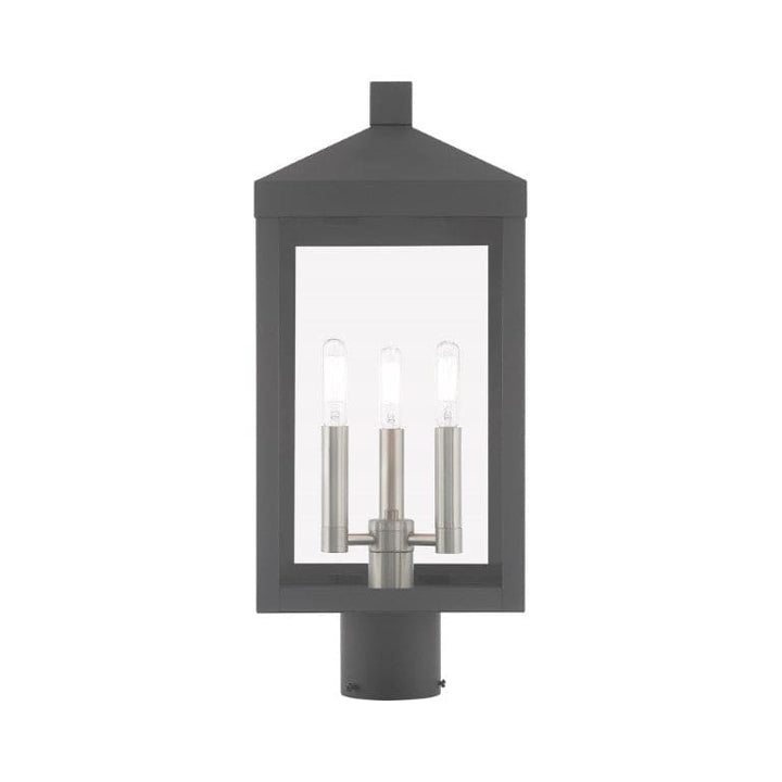 Nyack Outdoor Classics 1 E12 Candelabra Base Light Bulb Socket Medium Outdoor Post Top Lantern 8.25" x 8.25" x 19.5" Solid Brass and Clear Glass with Scandinavian Gray with Brushed Nickel Finish 120V for Garden, Exterior Post - 20592-76