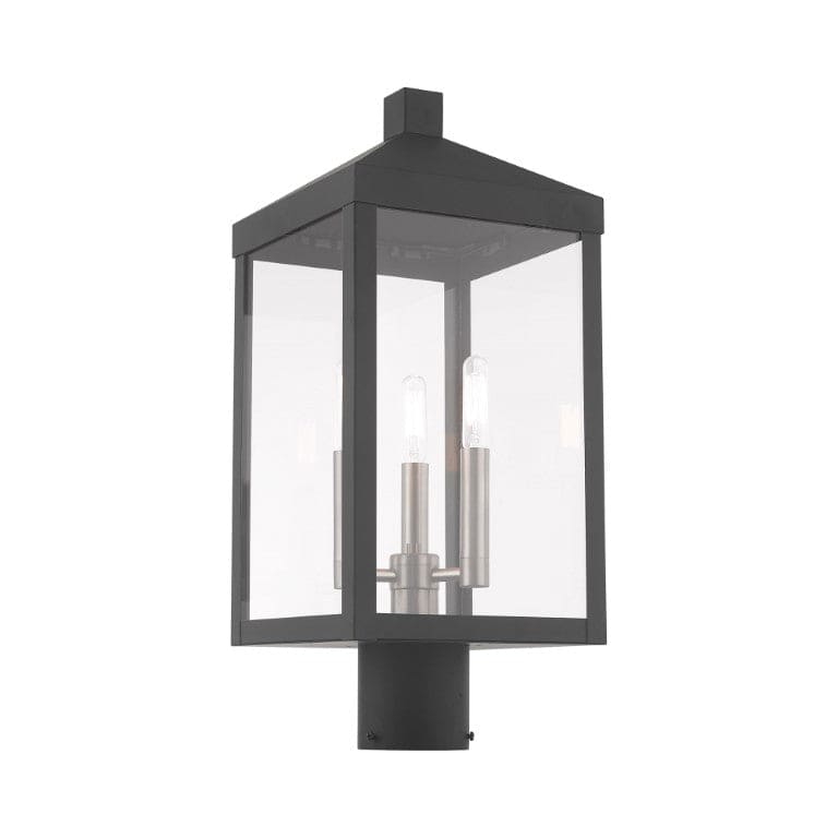 Nyack Outdoor Classics 1 E12 Candelabra Base Light Bulb Socket Medium Outdoor Post Top Lantern 8.25" x 8.25" x 19.5" Solid Brass and Clear Glass with Scandinavian Gray with Brushed Nickel Finish 120V for Garden, Exterior Post - 20592-76