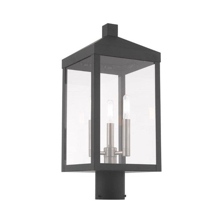 Nyack Outdoor Classics 1 E12 Candelabra Base Light Bulb Socket Medium Outdoor Post Top Lantern 8.25" x 8.25" x 19.5" Solid Brass and Clear Glass with Scandinavian Gray with Brushed Nickel Finish 120V for Garden, Exterior Post - 20592-76