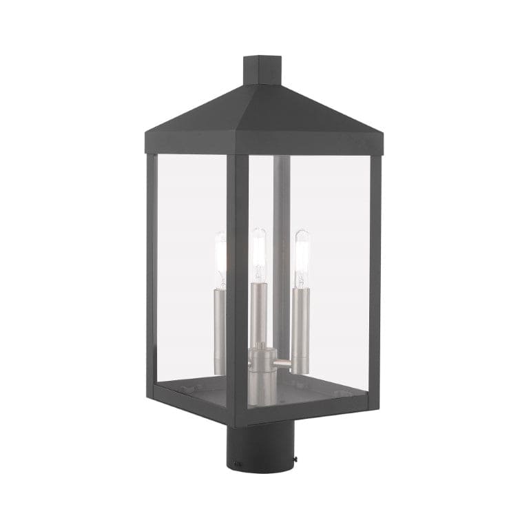 Nyack Outdoor Classics 1 E12 Candelabra Base Light Bulb Socket Medium Outdoor Post Top Lantern 8.25" x 8.25" x 19.5" Solid Brass and Clear Glass with Scandinavian Gray with Brushed Nickel Finish 120V for Garden, Exterior Post - 20592-76