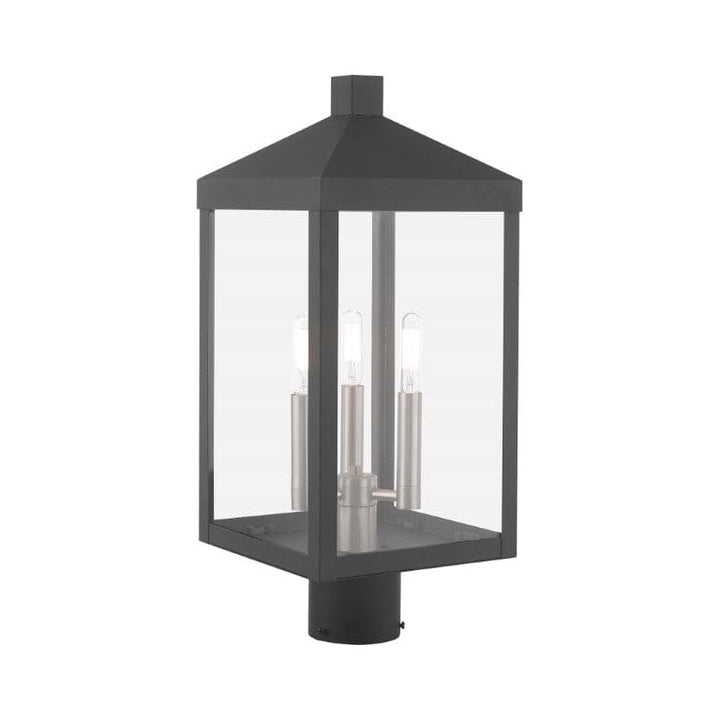 Nyack Outdoor Classics 1 E12 Candelabra Base Light Bulb Socket Medium Outdoor Post Top Lantern 8.25" x 8.25" x 19.5" Solid Brass and Clear Glass with Scandinavian Gray with Brushed Nickel Finish 120V for Garden, Exterior Post - 20592-76