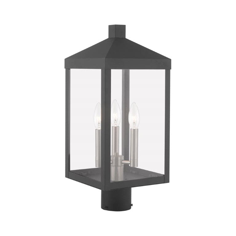Nyack Outdoor Classics 1 E12 Candelabra Base Light Bulb Socket Medium Outdoor Post Top Lantern 8.25" x 8.25" x 19.5" Solid Brass and Clear Glass with Scandinavian Gray with Brushed Nickel Finish 120V for Garden, Exterior Post - 20592-76