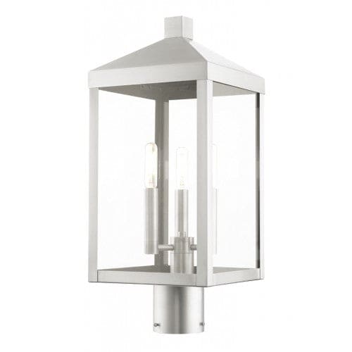 Nyack Outdoor Classics 1 E12 Candelabra Base Light Bulb Socket Medium Outdoor Post Top Lantern 8.25 Sq x 19.5 Stainless Steel and Clear Glass with Brushed Nickel Finish 120V for Garden, Exterior Post - 20592-91