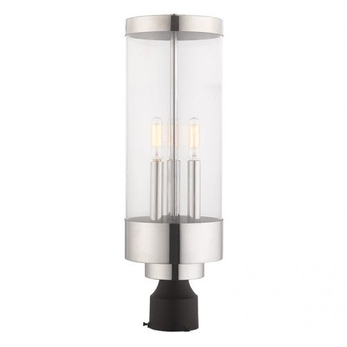 Hillcrest Candelabra Base Light Bulb Socket Large Outdoor Post Top Lantern Stainless Steel and Clear Glass and Polished Chrome Finish 120V for Garden, Exterior Post - 20728-05