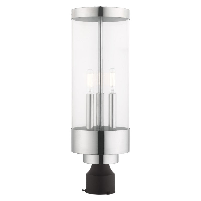 Hillcrest Candelabra Base Light Bulb Socket Large Outdoor Post Top Lantern Stainless Steel and Clear Glass and Polished Chrome Finish 120V for Garden, Exterior Post - 20728-05