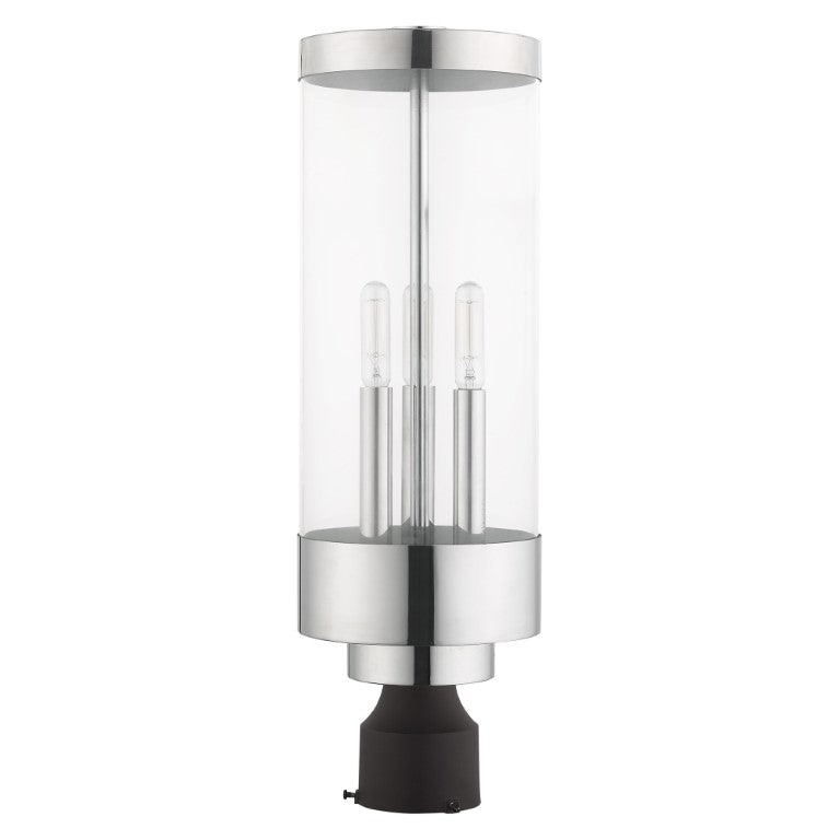 Hillcrest Candelabra Base Light Bulb Socket Large Outdoor Post Top Lantern Stainless Steel and Clear Glass and Polished Chrome Finish 120V for Garden, Exterior Post - 20728-05