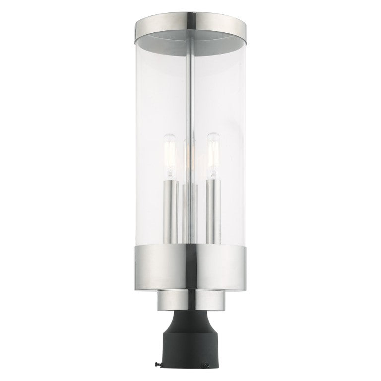 Hillcrest Candelabra Base Light Bulb Socket Large Outdoor Post Top Lantern Stainless Steel and Clear Glass and Polished Chrome Finish 120V for Garden, Exterior Post - 20728-05