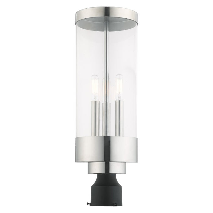 Hillcrest Candelabra Base Light Bulb Socket Large Outdoor Post Top Lantern Stainless Steel and Clear Glass and Polished Chrome Finish 120V for Garden, Exterior Post - 20728-05